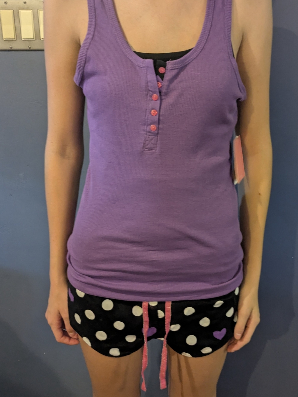 Women's Large 2pc Sleep Riot Purple Ribbed Henley Tank Flannel Polka Dot Shorts